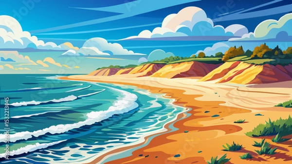 Fototapeta In North Carolina’s Nags Head, the Outer Banks shore unfolds a very beautiful beach shoreline, where sand meets sea in harmony. Ideal for vector scenes with summer serenity.

