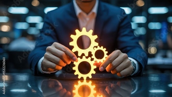 Fototapeta Illuminated gears held by a person's hands, symbolizing teamwork and collaboration.
