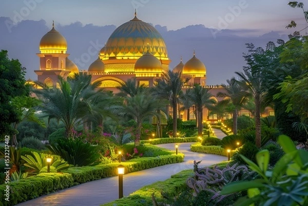 Fototapeta The Emirates Palace at dusk, with the last light of day reflecting off the golden domes, surrounded by lush gardens and gently illuminated pathways. 40k, full ultra hd, high resolution
