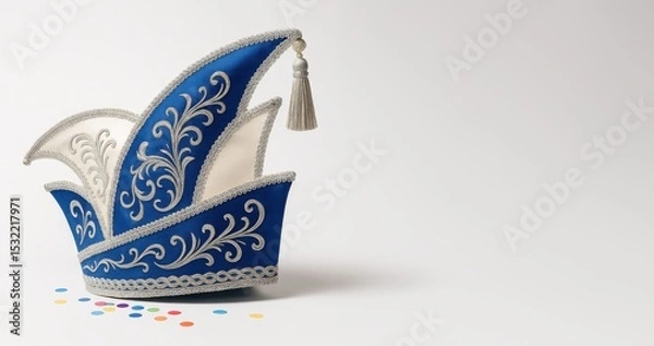 Obraz Blaue Karneval Prinzenmütze mit Silberstickerei und Konfetti auf weißem Hintergrund