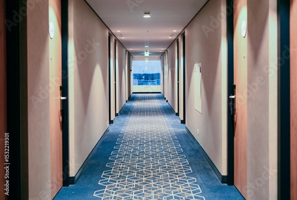 Obraz Long hallway with blue carpet and window in hotel