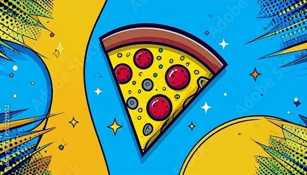 Obraz Colorful pop art slice of pizza featuring pepperoni and cheese on a vibrant blue background with comic style elements