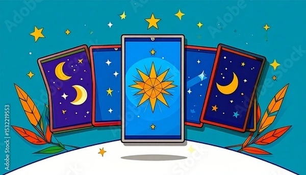 Obraz Exploring the mystical world of tarot cards with vivid colors and celestial designs under a starry theme