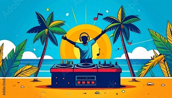 Obraz DJ performs lively music set on sunny beach with palm trees during vibrant sunset