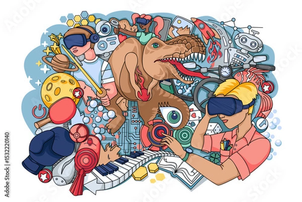 Fototapeta Virtual reality. People with smart glasses. Technology, games, science, virtual education. Sketch vector illustration