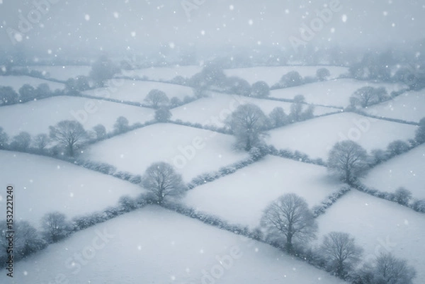 Fototapeta Snow-Covered Fair Meadows – Aerial Winter Landscape with Scenic Snowfall and Frozen Fields

