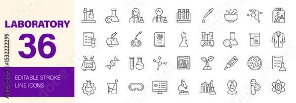 Fototapeta Laboratory icon set. Containing experiment, science, test tube, microscope, flask, chemical, biology, research, lab, technician and more. Editable line icons. Vector illustration.