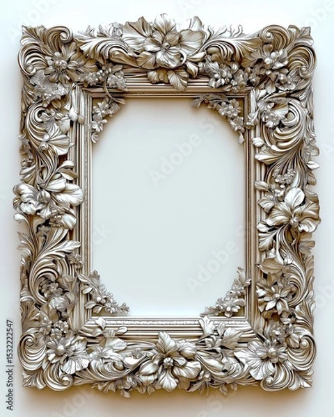 Fototapeta An exquisite white vintage-style photo frame with intricate details, designed to accommodate images or artwork, is crafted in a delicate cream color