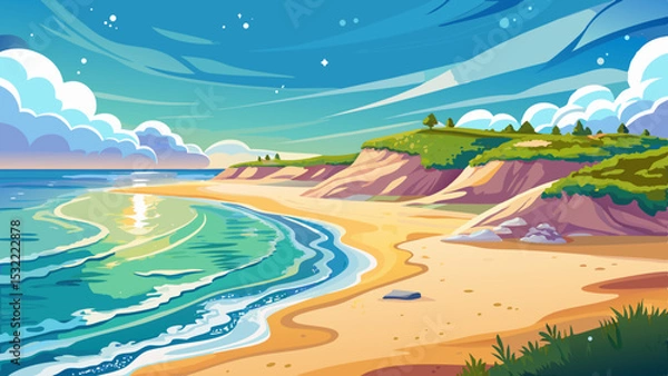 Fototapeta A very beautiful beach shoreline graces Nags Head in North Carolina. The Outer Banks shore, with seafoam touches and scattered shells, invites close-up vector art in soft pastels.