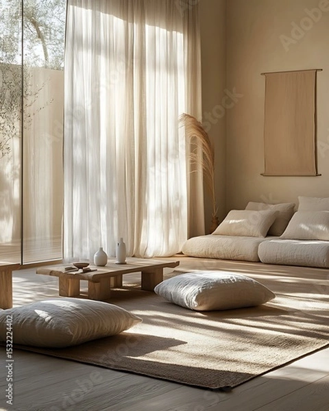 Fototapeta Light rhythm meditation room with soft neutral tones, linen textures, and natural oak floor Minimalist Wellness Spaces Futuristic Sensory Meditation Pods
