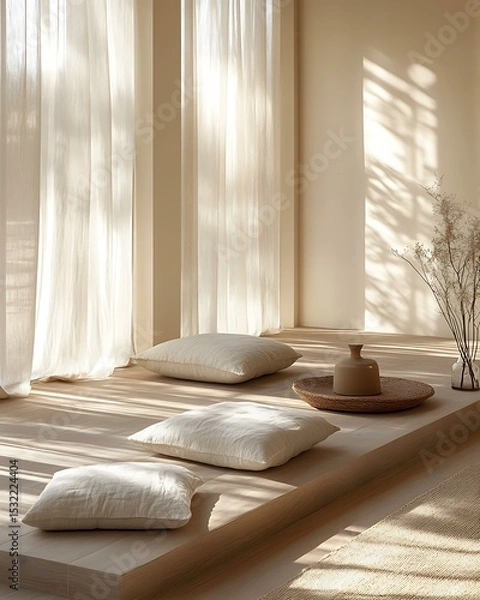 Fototapeta Light rhythm meditation room with soft neutral tones, linen textures, and natural oak floor Minimalist Wellness Spaces Futuristic Sensory Meditation Pods