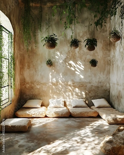 Fototapeta Rhythmic light meditation nook with a neutral color palette, stone elements, and bamboo decor reflecting peaceful symmetry Minimalist Wellness Spaces Futuristic Sensory Meditation Pods