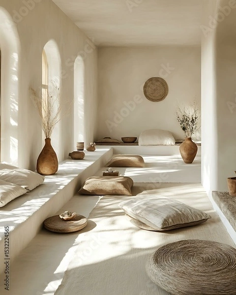 Fototapeta Meditation room styled with light rhythm harmony, clean white walls, handmade clay vases, and raw silk yoga mats Minimalist Wellness Spaces Futuristic Sensory Meditation Pods