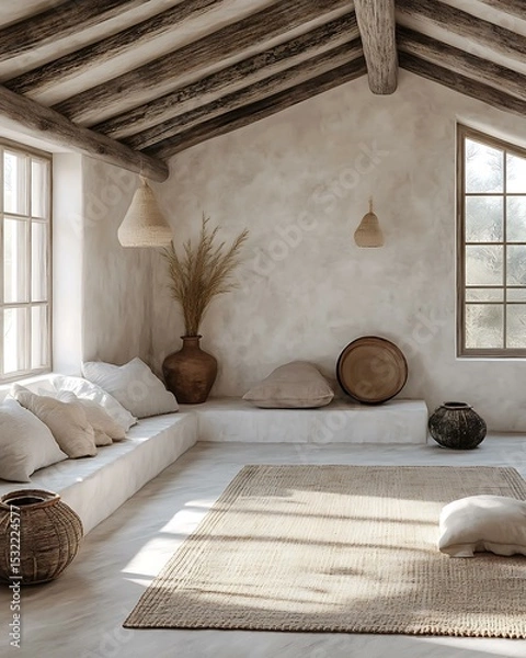 Fototapeta Meditation room styled with light rhythm harmony, clean white walls, handmade clay vases, and raw silk yoga mats Minimalist Wellness Spaces Futuristic Sensory Meditation Pods