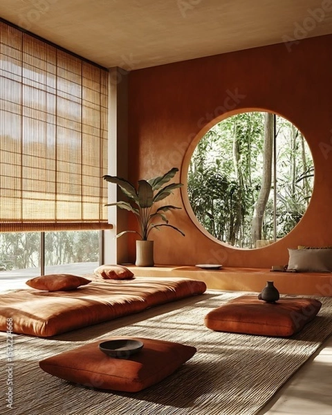 Fototapeta Meditation room with sunlight rhythm pattern casting through rattan blinds, grounded earth-tone palette, and terracotta decor Minimalist Wellness Spaces Futuristic Sensory Meditation Pods