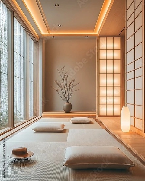 Fototapeta Minimalist meditation room with rhythmically arranged LED strip lighting, tatami flooring, and Japanese shoji dividers Minimalist Wellness Spaces Futuristic Sensory Meditation Pods
