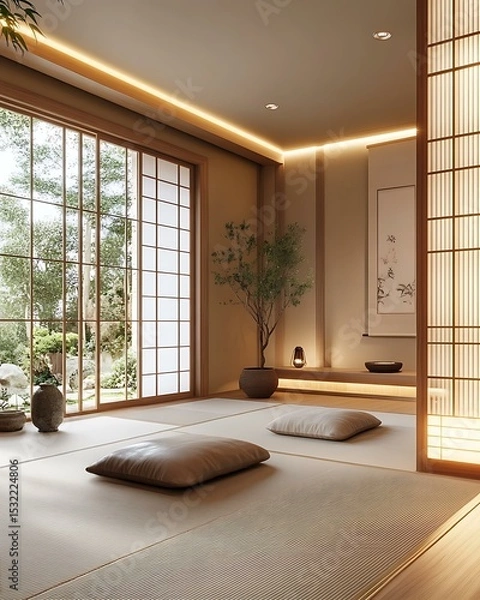 Fototapeta Minimalist meditation room with rhythmically arranged LED strip lighting, tatami flooring, and Japanese shoji dividers Minimalist Wellness Spaces Futuristic Sensory Meditation Pods