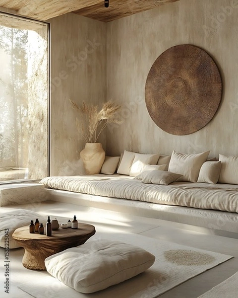 Fototapeta Meditation room styled with light rhythm harmony, clean white walls, handmade clay vases, and raw silk yoga mats Minimalist Wellness Spaces Futuristic Sensory Meditation Pods