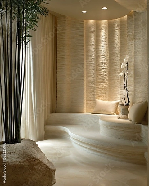 Fototapeta Rhythmic light meditation nook with a neutral color palette, stone elements, and bamboo decor reflecting peaceful symmetry Minimalist Wellness Spaces Futuristic Sensory Meditation Pods