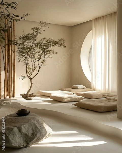 Fototapeta Rhythmic light meditation nook with a neutral color palette, stone elements, and bamboo decor reflecting peaceful symmetry Minimalist Wellness Spaces Futuristic Sensory Meditation Pods
