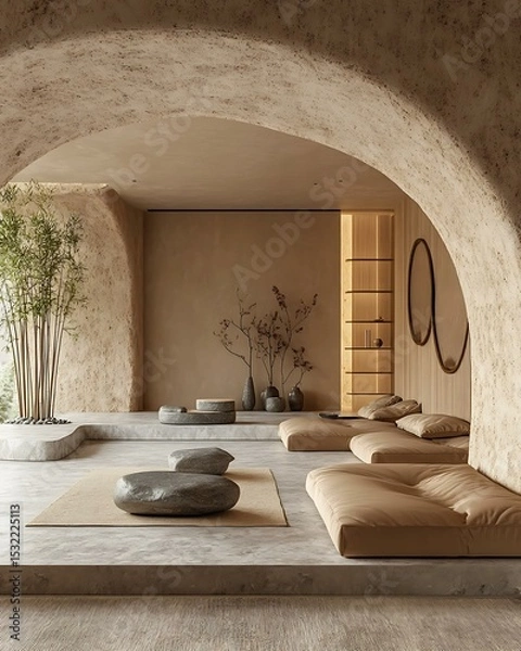 Fototapeta Rhythmic light meditation nook with a neutral color palette, stone elements, and bamboo decor reflecting peaceful symmetry Minimalist Wellness Spaces Futuristic Sensory Meditation Pods