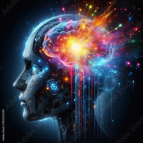 Obraz Cybernetic Brain Burst: A robotic head with a vibrant, exploding brain, symbolizing innovation, artificial intelligence, and technological advancement.  