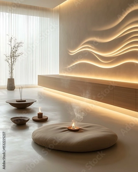 Fototapeta Meditation room styled with light rhythm harmony, clean white walls, handmade clay vases, and raw silk yoga mats Minimalist Wellness Spaces Futuristic Sensory Meditation Pods