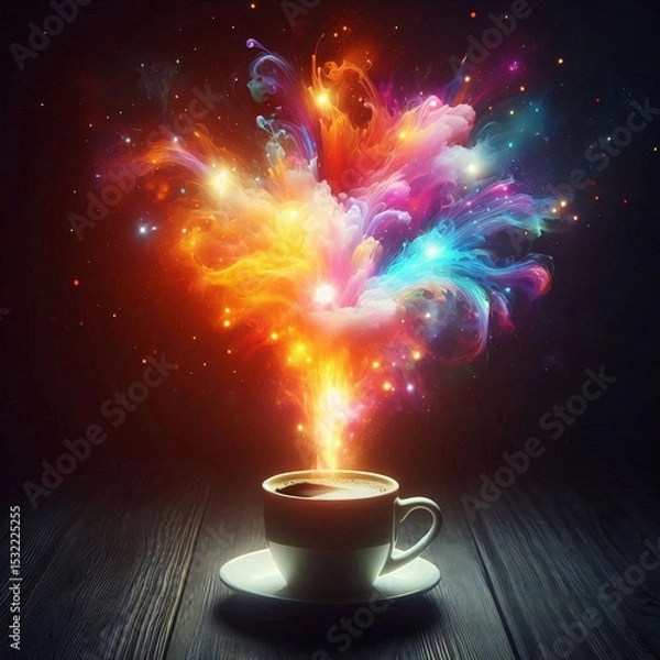 Obraz Magical Coffee: A cup of coffee magically explodes with vibrant, colorful energy, creating a surreal and enchanting scene.