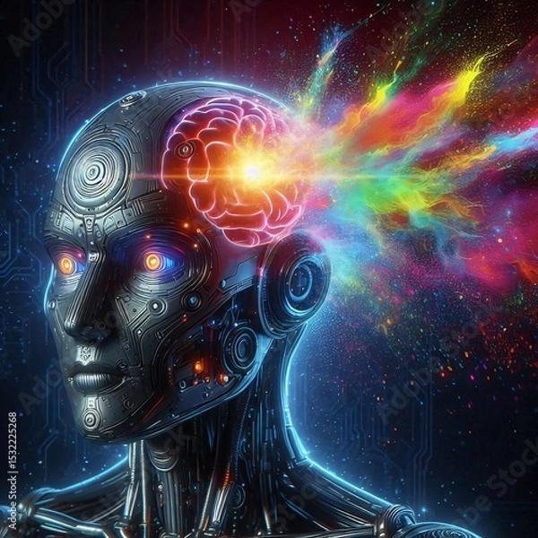 Obraz Technological Brainwave: A futuristic android head projects a vibrant stream of colorful energy from a glowing brain, a visual representation of innovation and intelligence. 