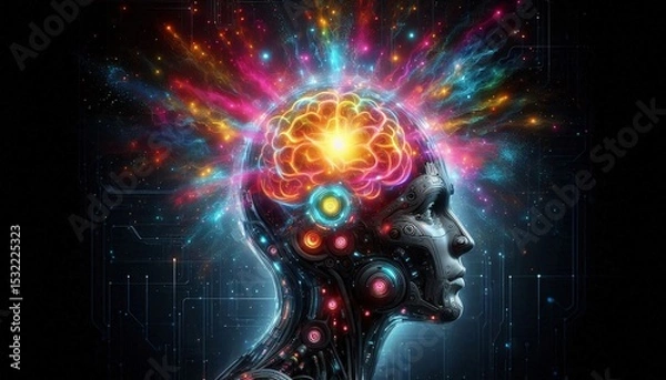 Obraz Enlightened Mind: A vibrant, colorful explosion of light and energy emanates from a futuristic, biomechanical brain, symbolizing creativity, innovation, and the power of human intellect. 