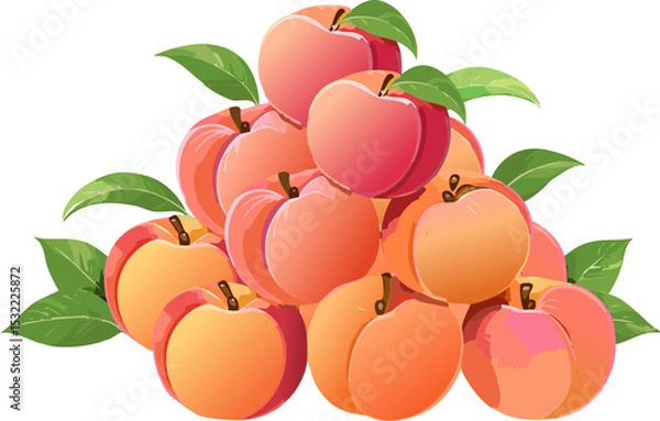 Obraz A pile of ripe peaches with green leaves, arranged in a visually appealing manner. The peaches are vibrant and juicy-looking.