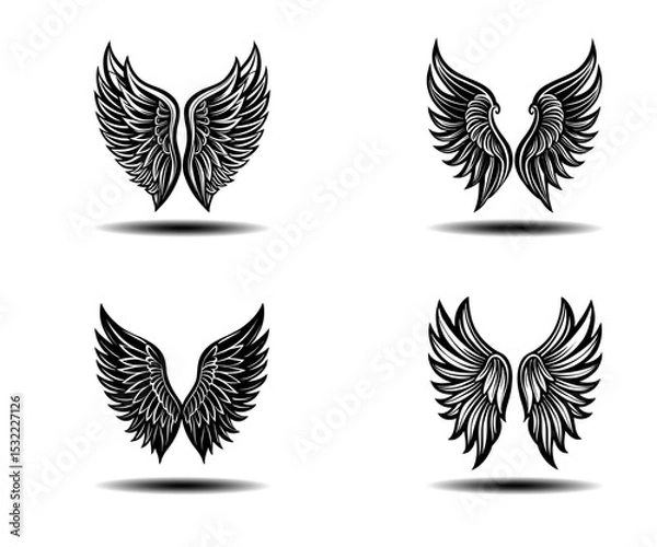 Obraz Dark Grunge Angel Wings Vector Icons – Bold Distressed Feather Wings in Black for Tattoo Design, Gothic Projects, and Spiritual Concepts. High Quality Editable Vector Graphics for Adobe Stock.

