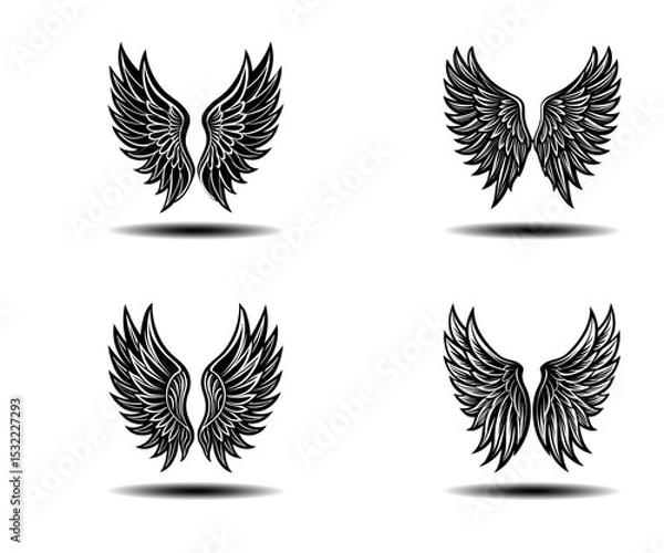 Obraz Black Distressed Wings Vector Set – Angel Feather Design Elements in Grunge Style for Tattoos, Gothic Posters, and Fantasy Themed Art. Editable High Resolution Vector Graphics for Adobe Stock.

