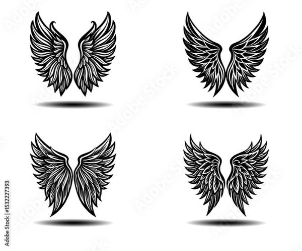 Obraz Stylish Angel Wings Vector Set – Distressed Grunge Black Feather Wing Illustrations for Gothic Fashion, Tattoo Art, and Spiritual Poster Concepts. Ready-to-Use EPS for Adobe Stock Upload.

