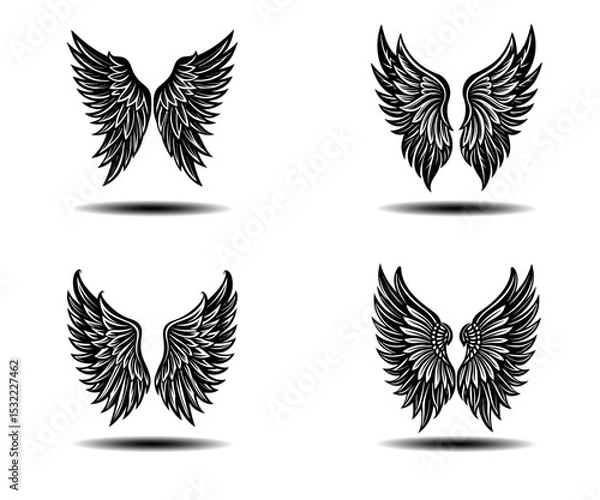 Obraz Black Feather Wings Vector Art – Angel Inspired Distressed Grunge Wing Icons for Tattoo Projects, Gothic Illustrations, or Fantasy-Themed Design. High-Resolution Vector for Adobe Stock.

