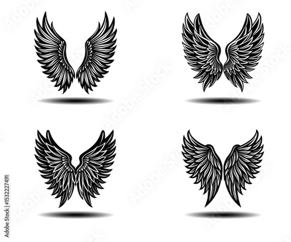Obraz Black Feather Angel Wings Vector Icons – Grunge Style Distressed Wing Set for Spiritual Logo Design, Tattoo Art Concepts, and Gothic Theme Posters. Editable Vector Illustration for Adobe Stock.

