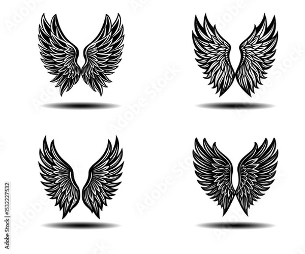 Obraz Detailed Angel Feather Wings Vector – Black Grunge Wing Elements for Tattoo Illustrations, Fantasy-Themed Posters, and Spiritual Art. High-Resolution Vector Icons for Adobe Stock Use.

