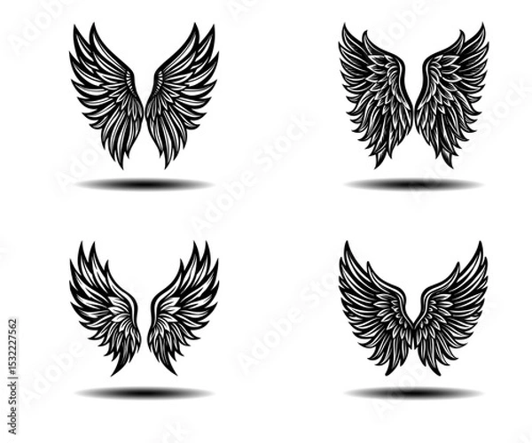 Obraz Dark Angel Wings Vector Set – Grunge Distressed Black Feather Wing Icons for Tattoo Art, Gothic Posters, or Spiritual Concepts. Clean Line Vector Design Ready for Adobe Stock Uploads.

