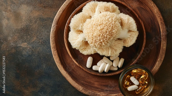 Obraz Lion’s Mane Mushroom with Herbal Capsules and Supplements