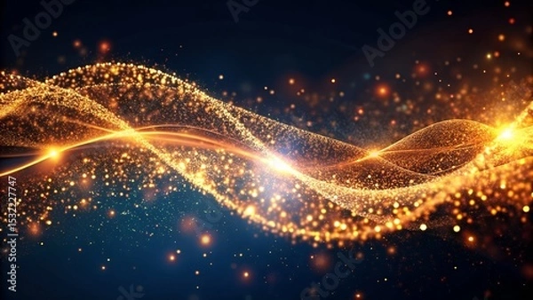 Fototapeta Golden Waves of Energy: An image of a mesmerizing golden energy wave, radiating brilliance, is gracefully suspended against a deep blue canvas, symbolizing the essence of energy and technology.
