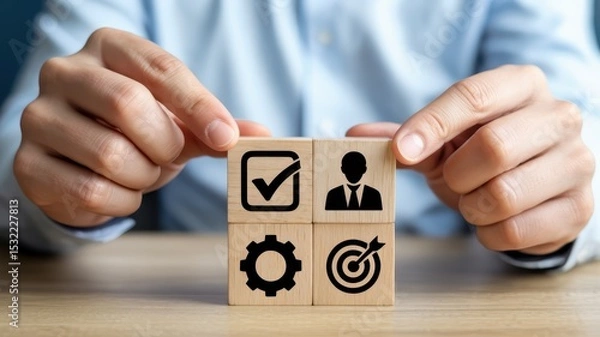 Fototapeta Wooden blocks with symbols for project management.