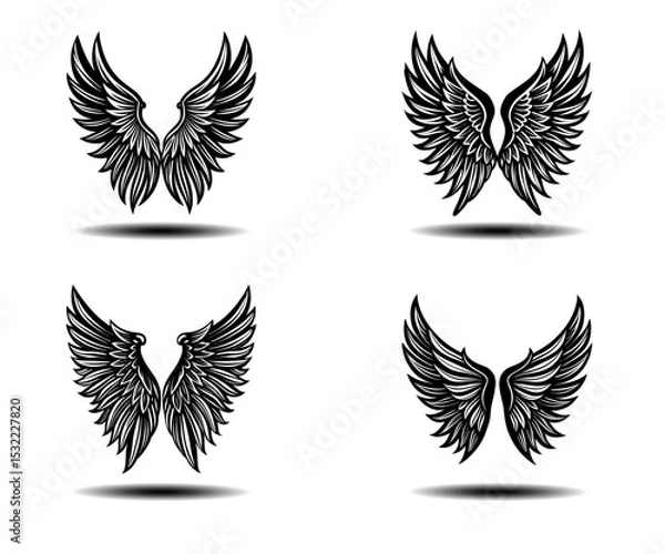 Obraz Grunge Angel Wings Vector Icons – Bold Black Feather Silhouettes with Distressed Details. Gothic and Fantasy Inspired Wing Designs for Tattoo Artists or Dark Theme Poster Art in Vector Format.

