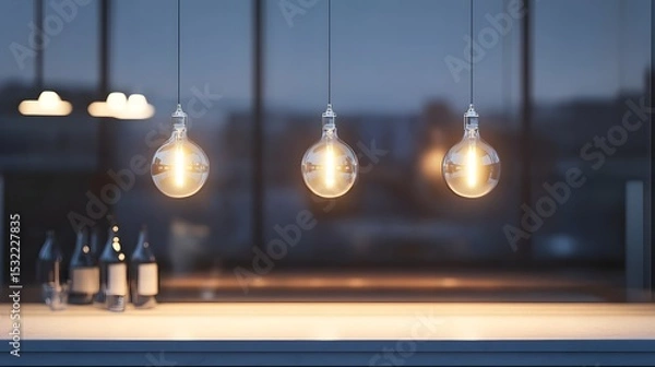 Fototapeta Three hanging Edison light bulbs illuminate a bar top with bottles against a blurred city skyline at dusk creating a modern ambient atmosphere.