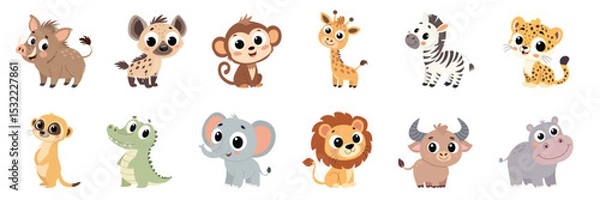Fototapeta Big Collection of African Animals in Flat Style. Hand Drawn Vector Art.