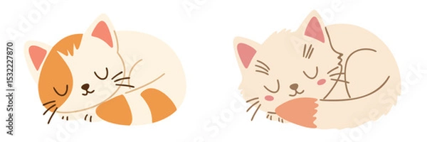 Fototapeta Two Cute Cats are Sleeping Isolated on Transparent Background. Hand Drawn Vector Art. 