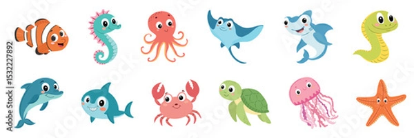 Fototapeta Big Collection of Water Animals in Flat Style. Hand Drawn Vector Art.