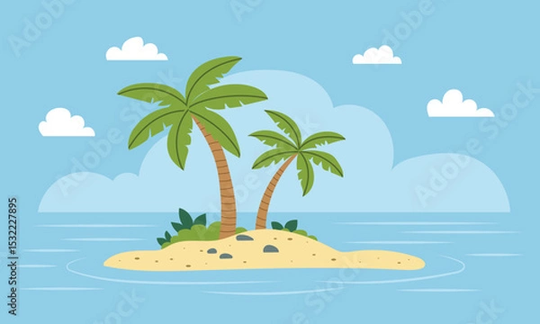 Fototapeta Little Tropical Island with Two Palm Trees. Hand Drawn Vector Art.