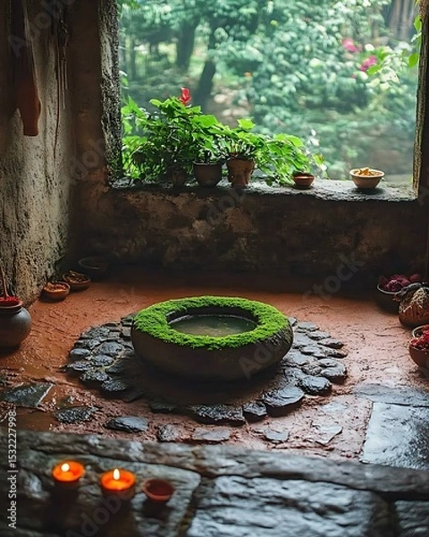 Fototapeta Ritual space with stone basin centerpiece, red earth textures, and moss-covered offerings Primitive Luxury Interiors Spiritual Nature Inspired Spaces