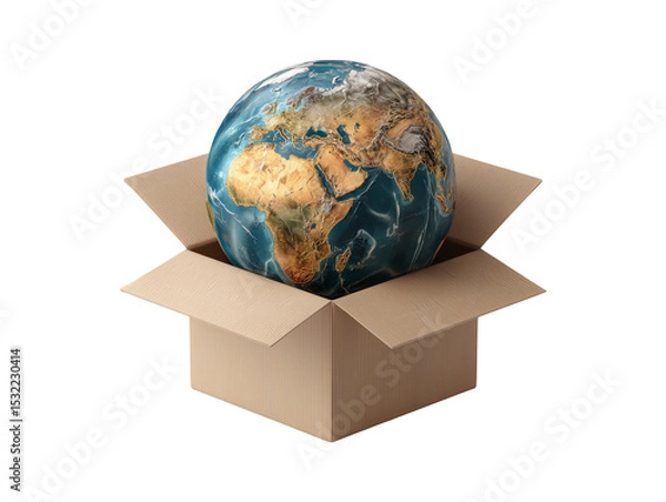 Obraz Earth globe in cardboard box for global shipping and environmental concept isolated on transparent or white background, png