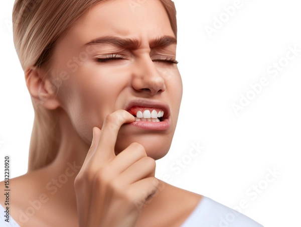 Obraz Woman with toothache touching cheek for dental pain or oral health concept isolated on transparent or white background, png